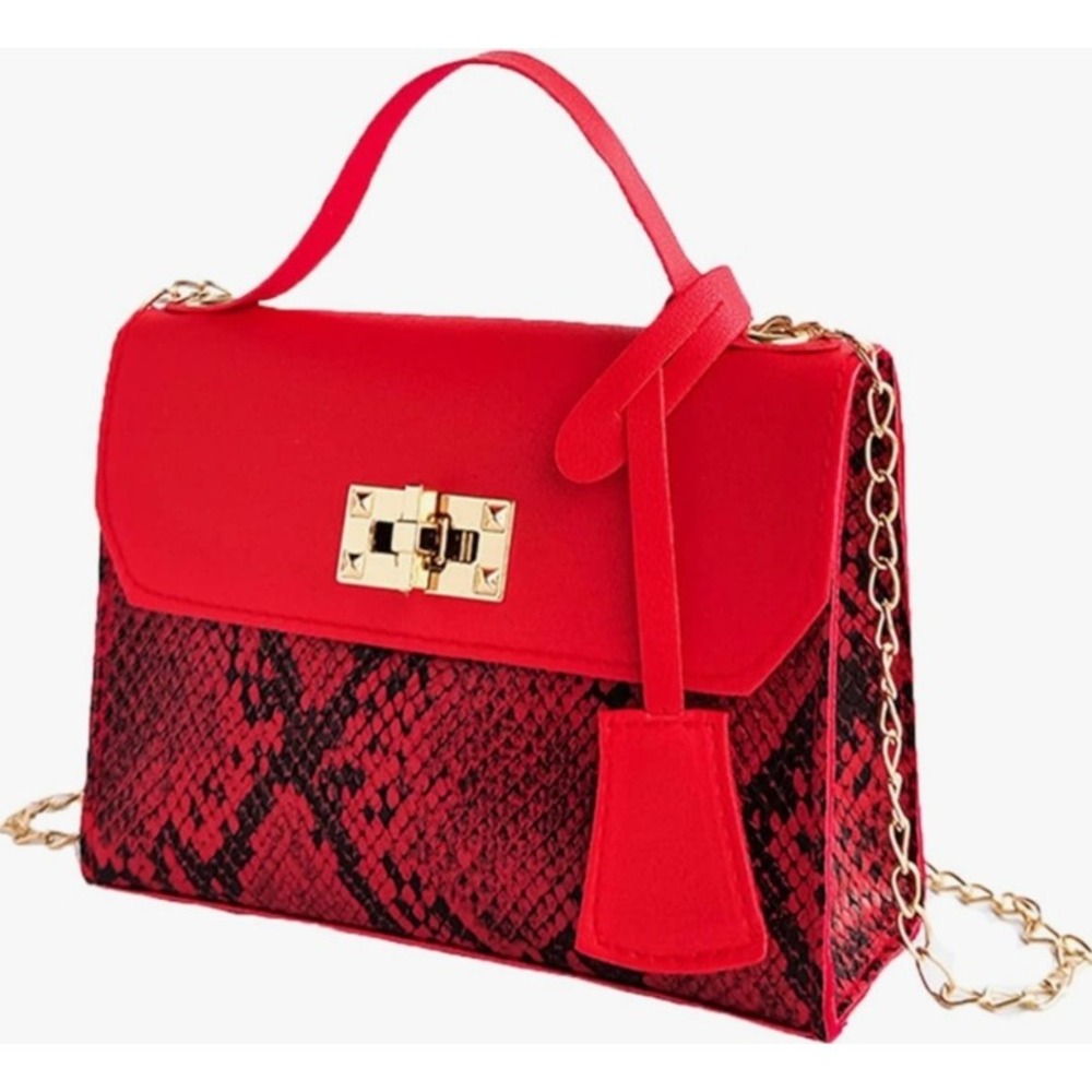 Snakeskin Red Crossbody Bag Gold Chain Strap Party Clutch PU Leather NEW